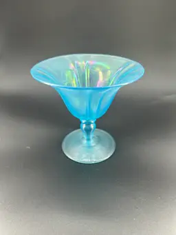 Vintage Celeste Blue Stretch Glass Iridescent Footed Dish