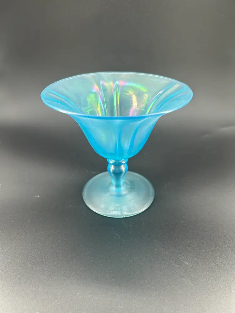 Vintage Celeste Blue Stretch Glass Iridescent Footed Dish