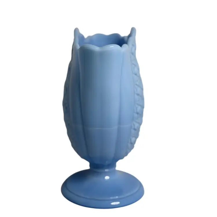 Blue Pastel Milk Glass Fan Vase, Daisy and Button Pattern by FENTON Scarce Color READ
9” T x 8-1/4” L x 4-1/4” W