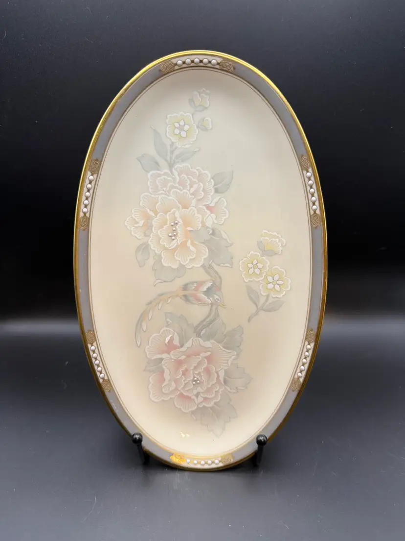 Vintage Lenox Fine China McKinley Pattern Pink and Gray Floral and Bird Oval Relish Dish Serving Platter