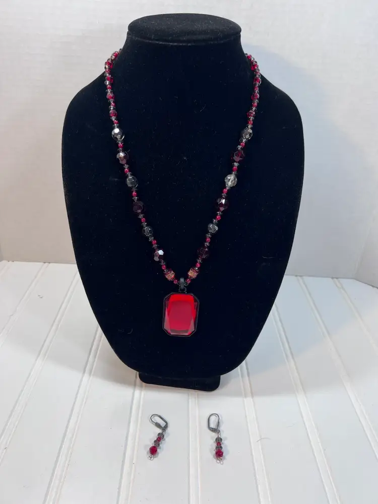 Handmade Glass Beaded Necklace And Earrings Ruby Colored