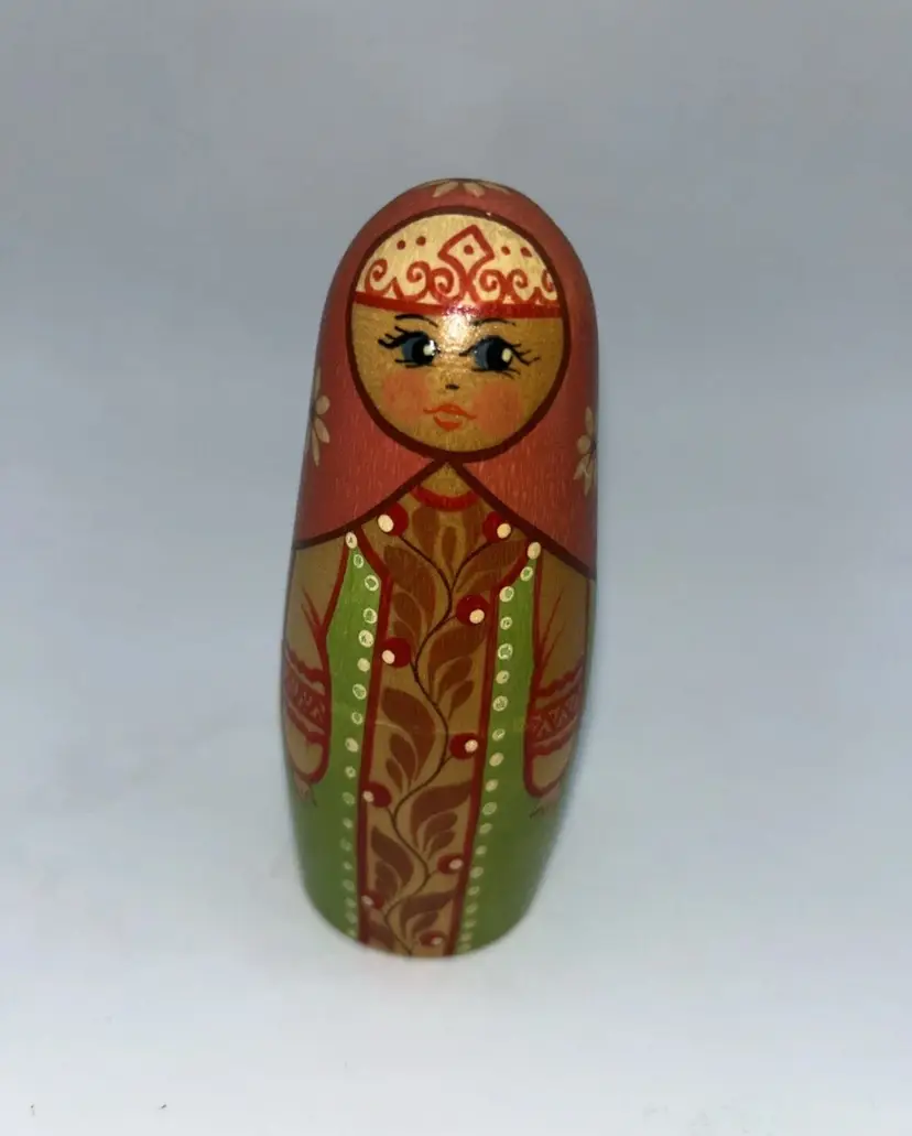 Vintage  Russian Matryoshka Hand Painted Chime Bell Doll Rattle Musical Orange