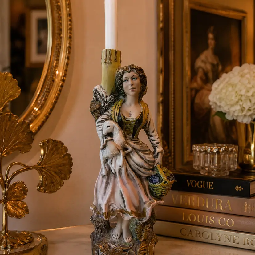 Hollywood Regency Italian Lady Figurine Candelabra | Vintage Hand Painted Candle Holder Made In Italy