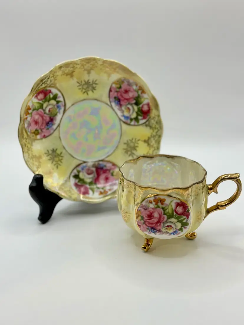 Vintage Rose Floral Porcelain Tea Cup & Saucer Set, Gold Trim, Hand-Painted, By Sterling China, Made in Japan