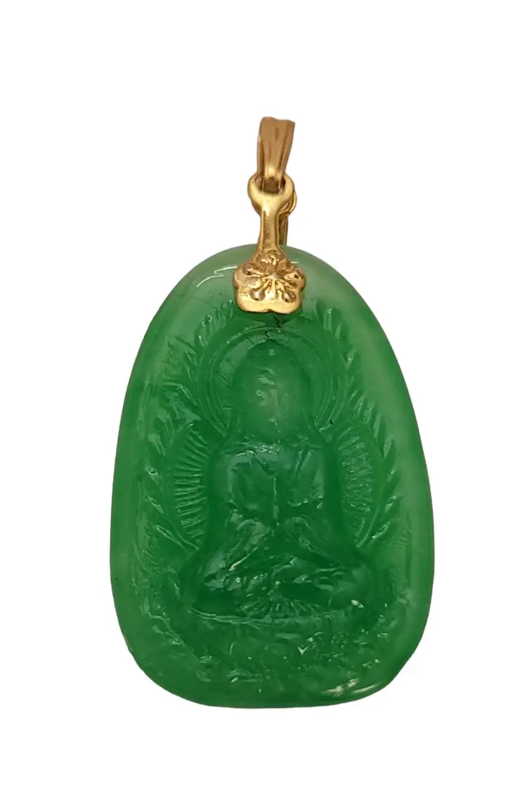 Vintage Gold Tone Peking-Style Glass Guan Yin Pendant E561