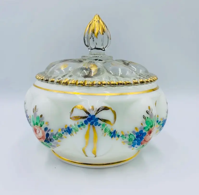 Fenton Milk Glass Roses And Bows Melon Covered Box Candy Dish LOW START