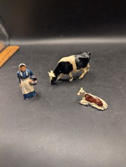 Vintage Lot of England Lead Village Farmyard Milk Maid and Cow and Calf.
