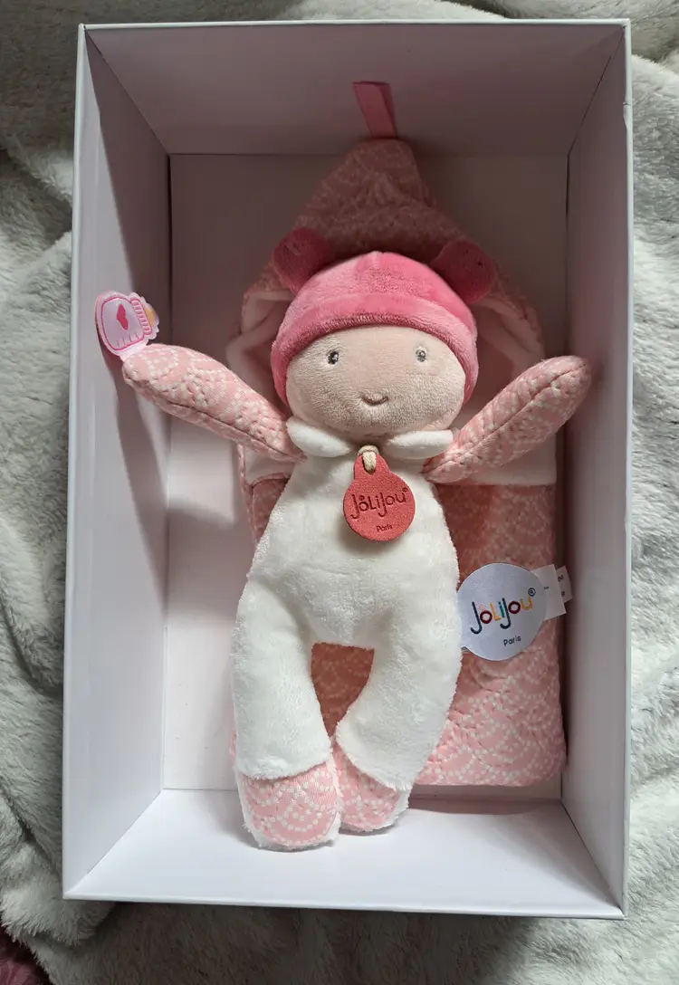 Jolijou Baby Doll Light Pink w/bottle attatched, Plush Hat & Swaddling Blanket
