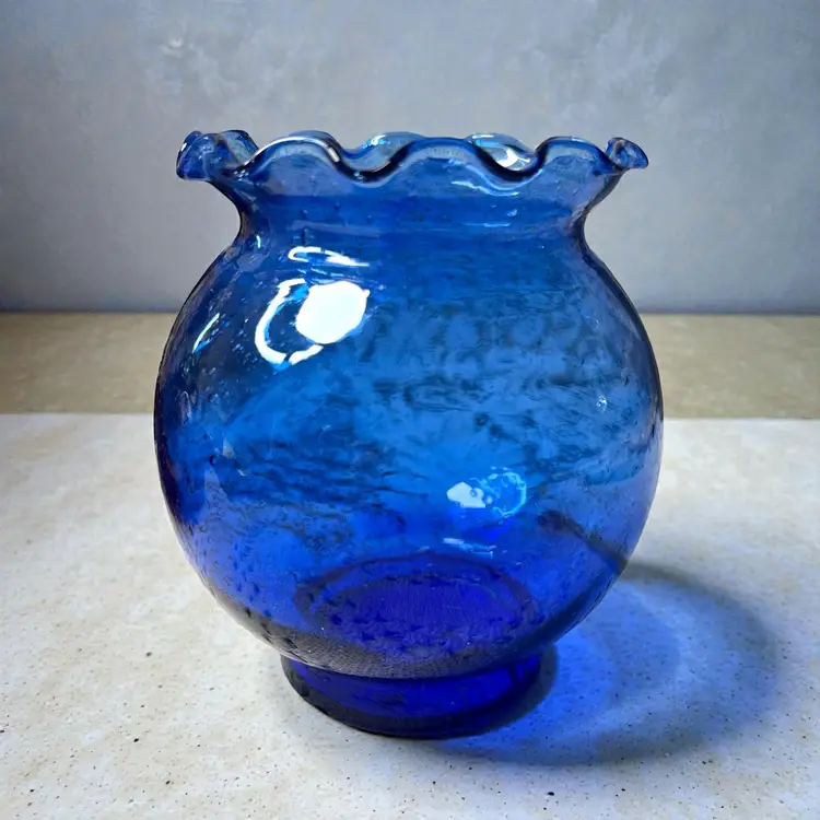 016 Cobalt Blue Glass Indiana Glass Ruffled Scallop, Rose Bowl, Bullicante   5.5" X 4.25"
