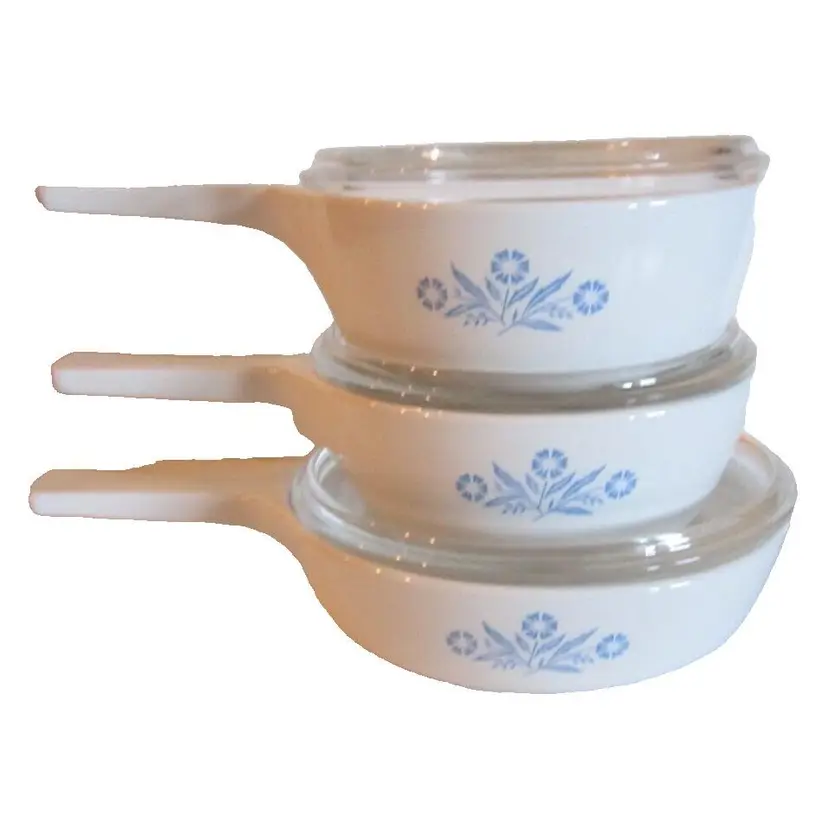 Vintage Corning Cornflower Blue Menu-Ette 6pc Set 1 pt 1.5 pt 6 1/2 in Pans & Lids, Minty!