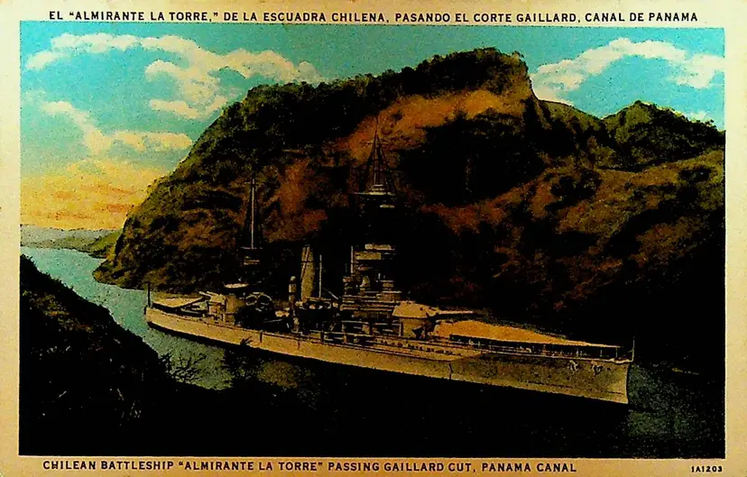 Chilean Battleship Almirante la Torre in Panama Canal Postcard