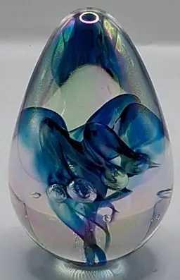 James Alloway 1996 Iridescent Art Glass Egg Paperweight Blue Floral Signed