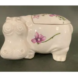 House Hippo Mini Trinket Box Bone China Purple Flowers 