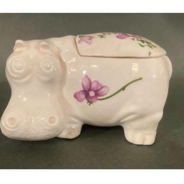 House Hippo Mini Trinket Box Bone China Purple Flowers 