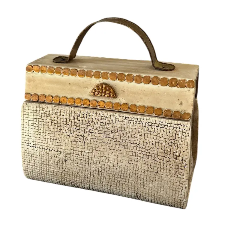 Resin Designer Beige Handbag With Metal Handle Decorative Trinket Box