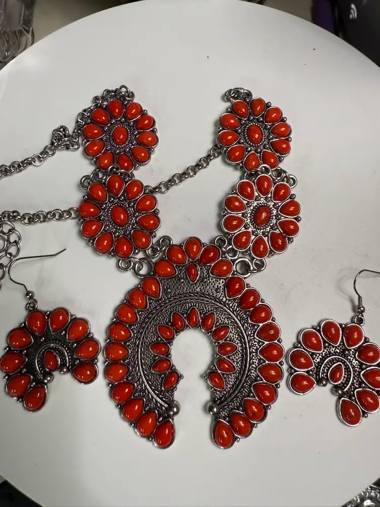 Southwestern Red Coral Squash Blossom Necklace & Earrings Set – Silver Tone Western Statement Jewelry