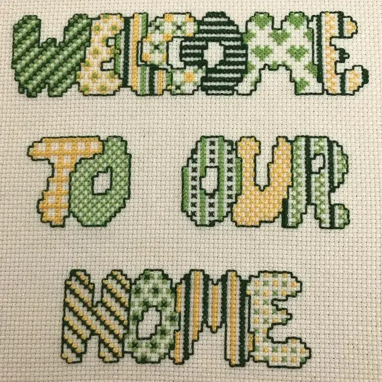 Embroidered Welcome To Our Home Frame Wall Hanging Decor Retro Yellow Green 9"