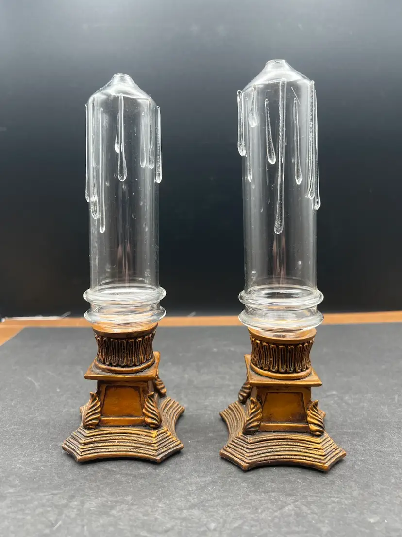 #765B Vintage Pair Of Glass Candle Shaped Oil Burning Lamps In Holders