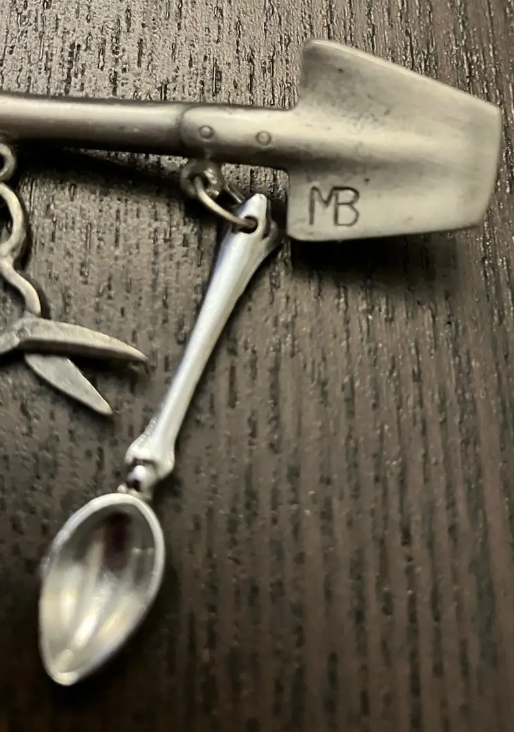 VTG Marjolein Bastin Pewter Gardening Brooch Signed