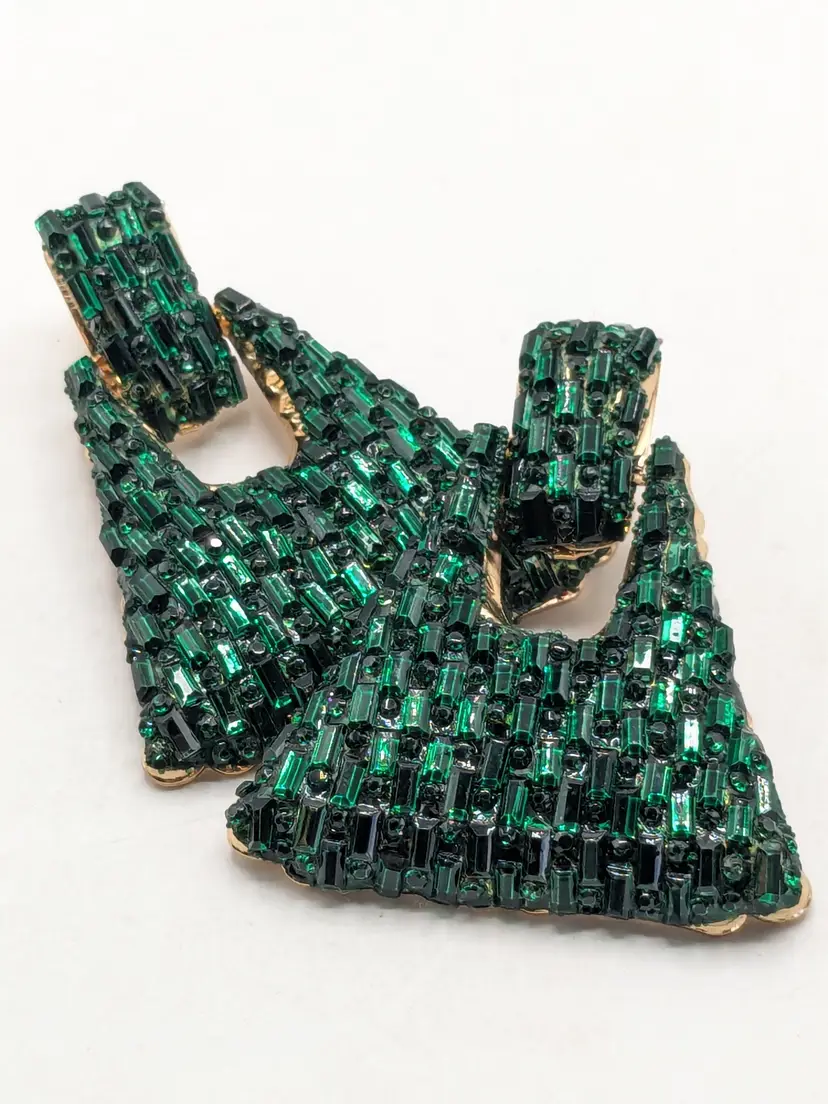 Statement Emerald Green Rhinestone Pierced Gold Tone Earrings