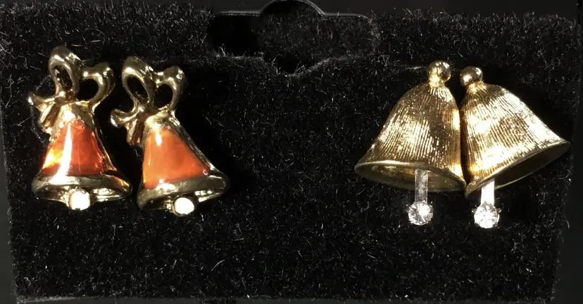 Vintage Avon pierced earrings, small bells, 2 sets, 1 gold tone, 1 enamel