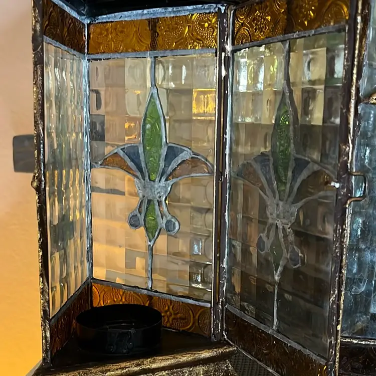 Set Of Two 12” & 15” Gold metal and Stained Glass Fleur De Lis Lanterns For Tea Lights