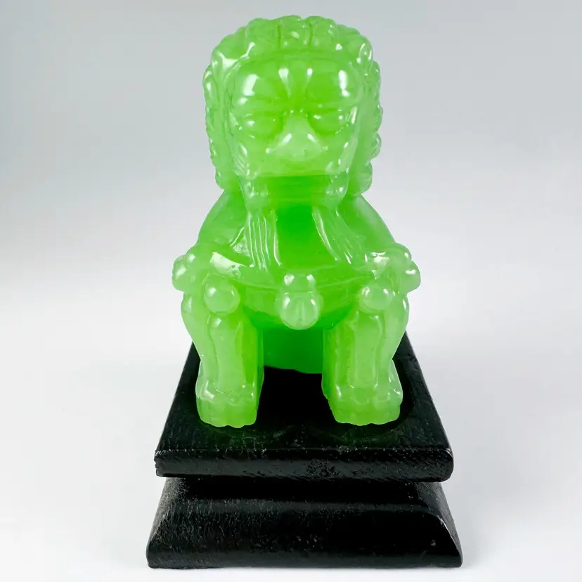 Chinese Imperial Guardian Lion, Jade Green Resin "Foo Dog" Figurine On Wooden Stand
