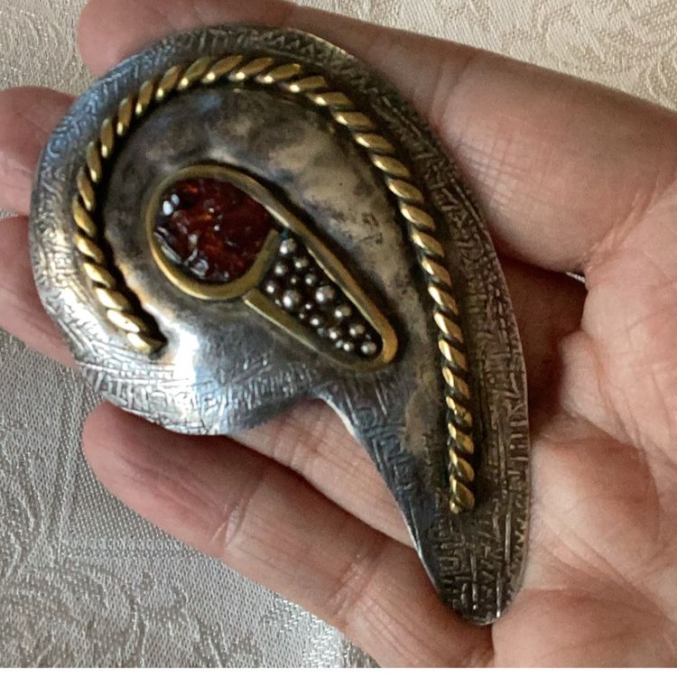 Vintage Sterling Silver Brooch Brass And Natural Stones 23 Grams