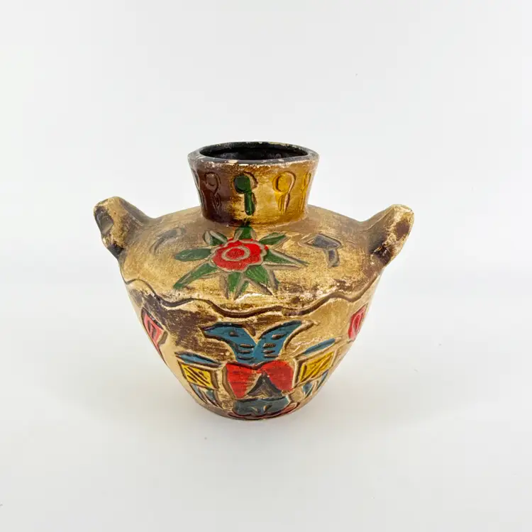 Native American Chalkware Double Handled Folk Art Vase Pitcher Hand Painted