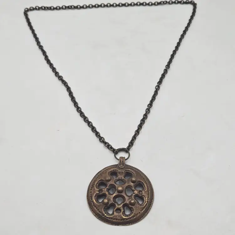 Vintage 60s Kalevala Koru Finland Bronze Brutalist Pendant Necklace 26" Chain