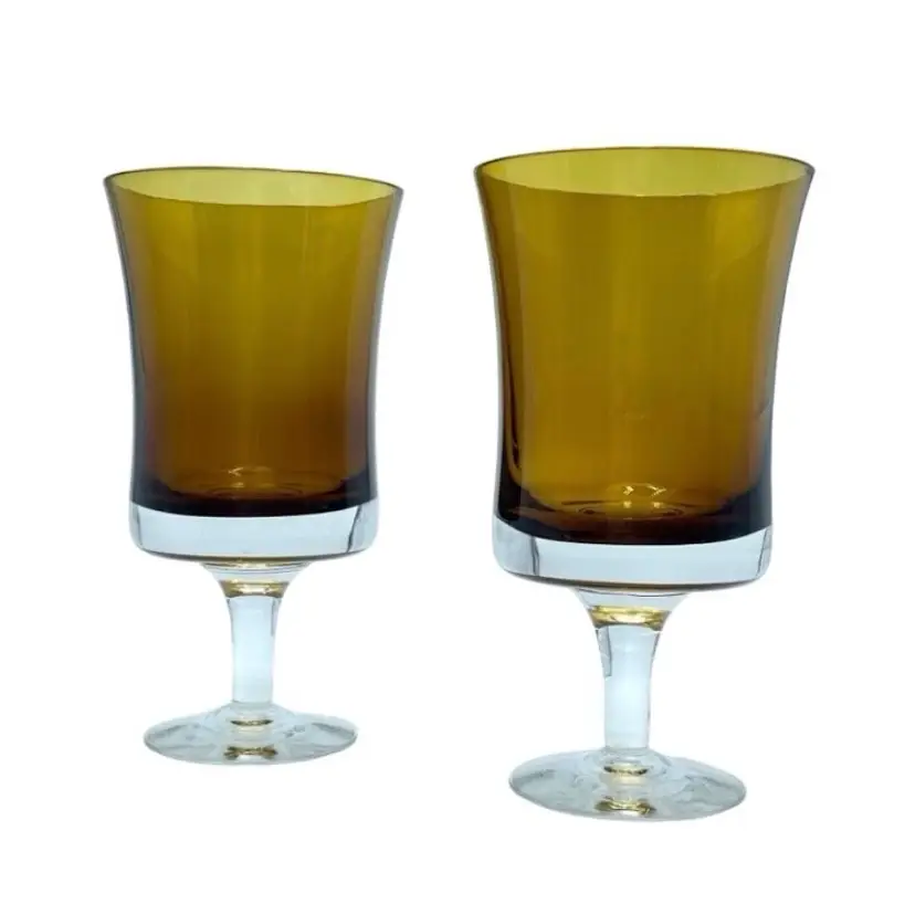 Set of 2 Denby Mirage Brown Water Goblet Amber Stemmed Wine Glass Barware