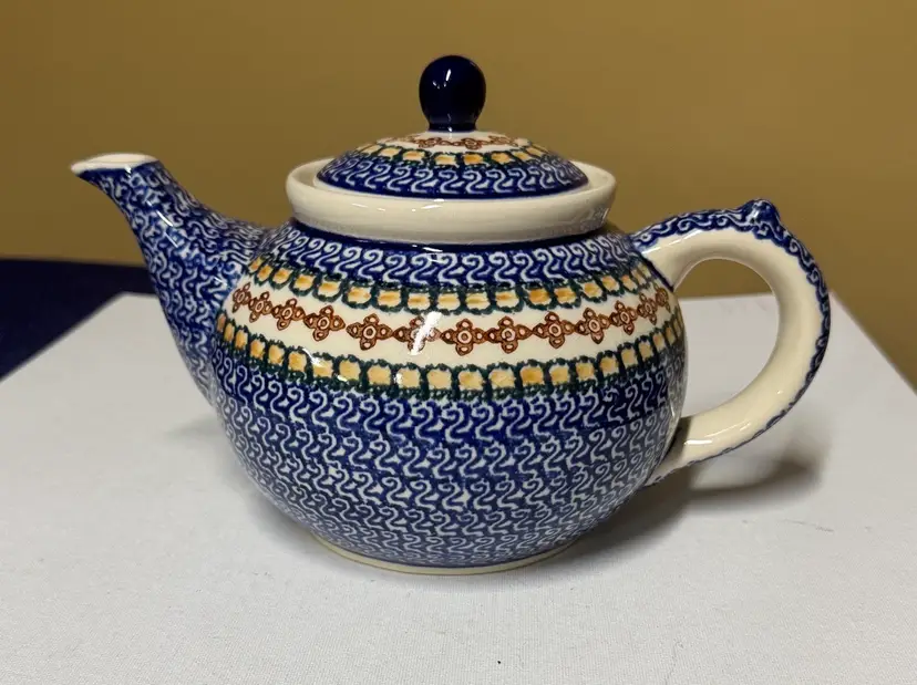 Polish Pottery Teapot Blue Scroll Pattern with Green Brown Yellow Band Poland