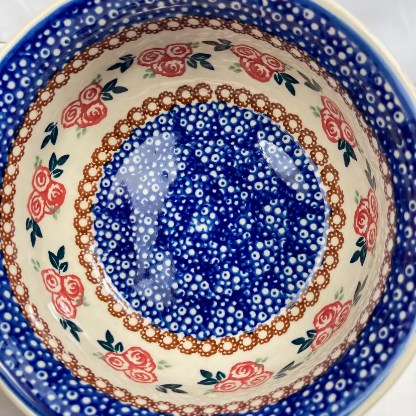 Parade of Roses hand painted and crafted Polish Pottery scalloped sided bowl