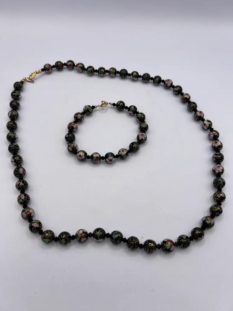 Vintage Cloisonne Necklace Bracelet 10K China Black Floral Beaded