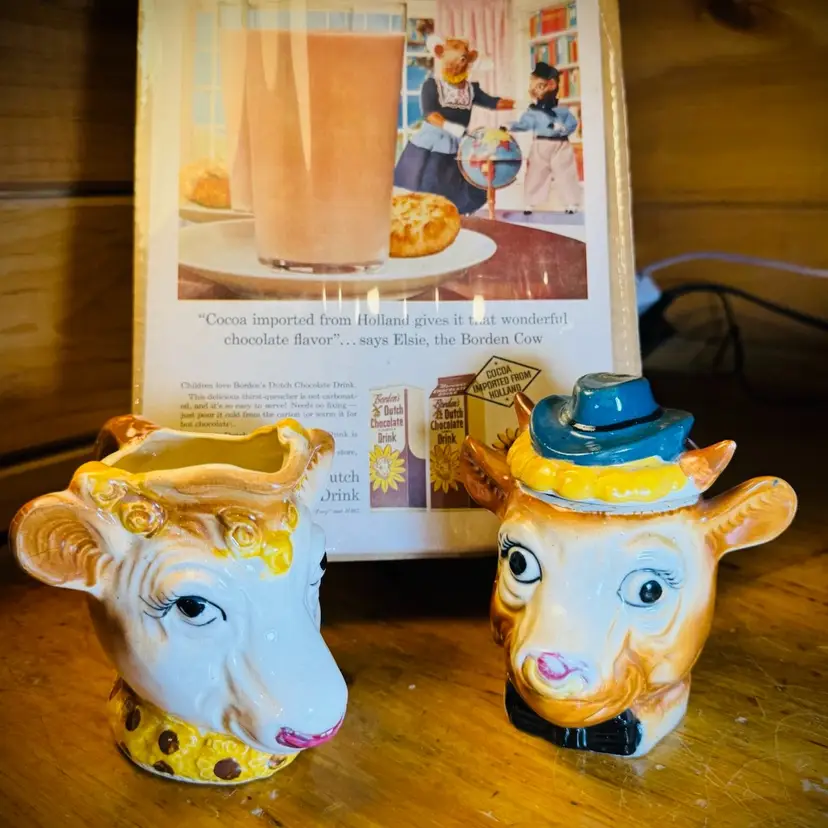 Vintage 1958 THE FIRST/ORIGINAL Borden Elsie The Cow & Elmer The Bull Sugar Bowl & Pitcher / Creamer With Original Print Ad Featuring Elsie - Handpainted In Japan