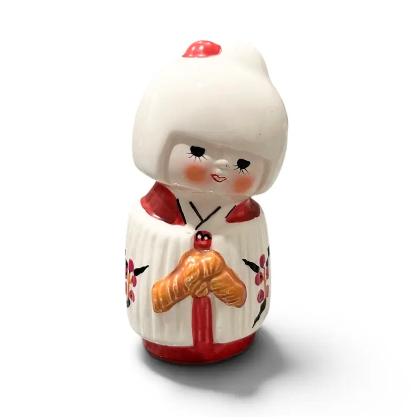 Vintage Ceramic Kokeshi Style Doll Figurine with Floral Decoration