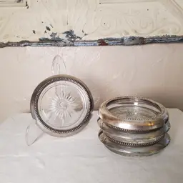 Set of Four Silverplate and Glass Starburst Coasters