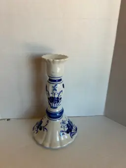 Vintage Handpainted, Blue And White Stoneware Pillar Candlestick
