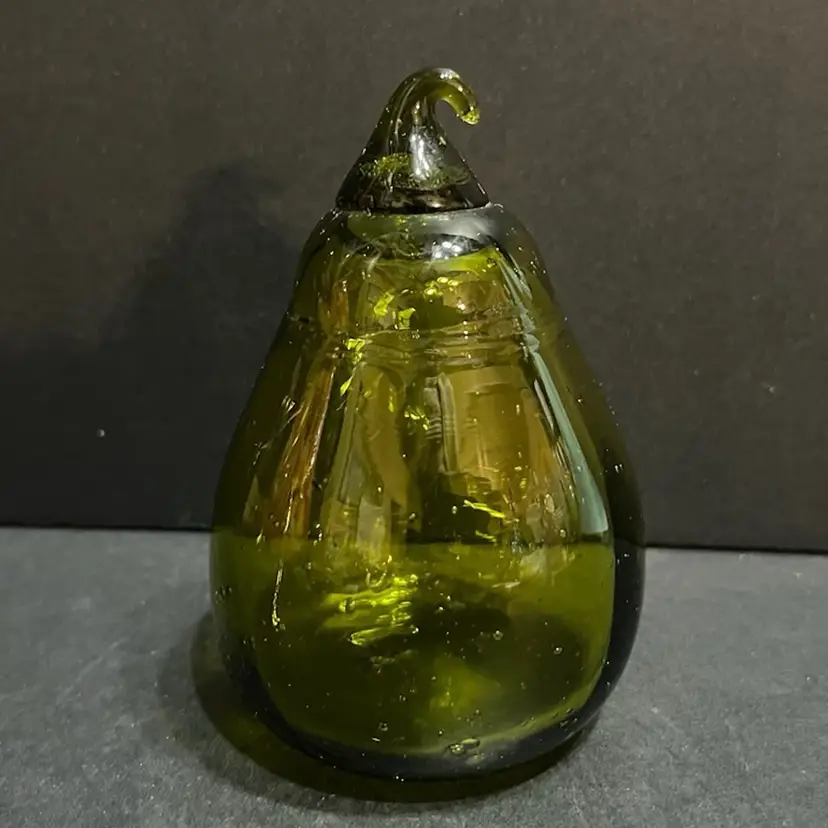 Olive Green Crackle Glass Handblown Pear ~4.25” x 2.75” diameter