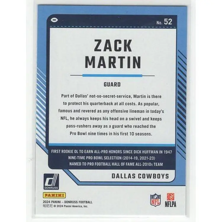 2024 Panini Donruss Zack Martin Green Press Proof #52 Cowboys