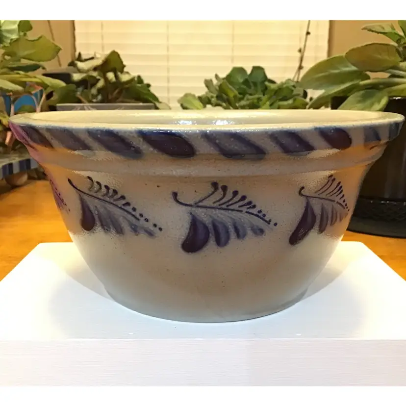 Eldreth Salt Glaze Pottery Bowl With Leaf Pattern 8.5 in Diameter Blue Gray