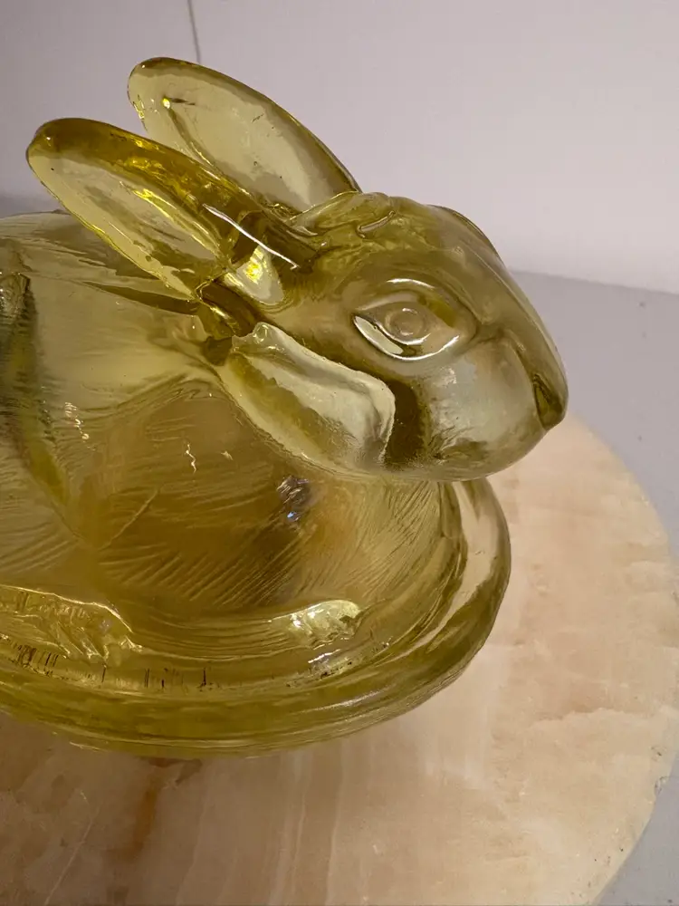 Yellow Glass Rabbit Bunny Trinket Box / Candy Dish