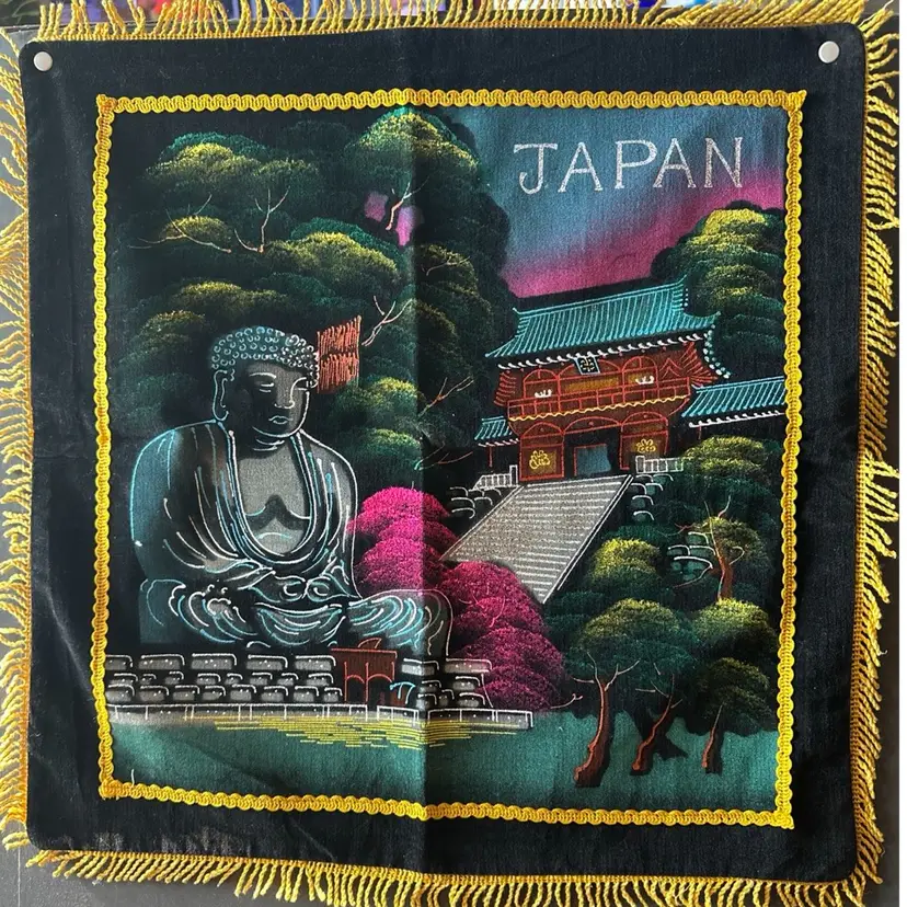 WWII Era Velvet Hand Painted Pillow Cover Souvenir JAPAN buddha 17" Fringe