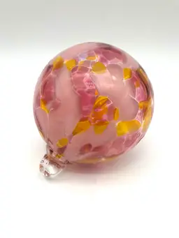 BIN - Pink, Gold, And White Blown Art Glass Orb Ornament 3.5”
