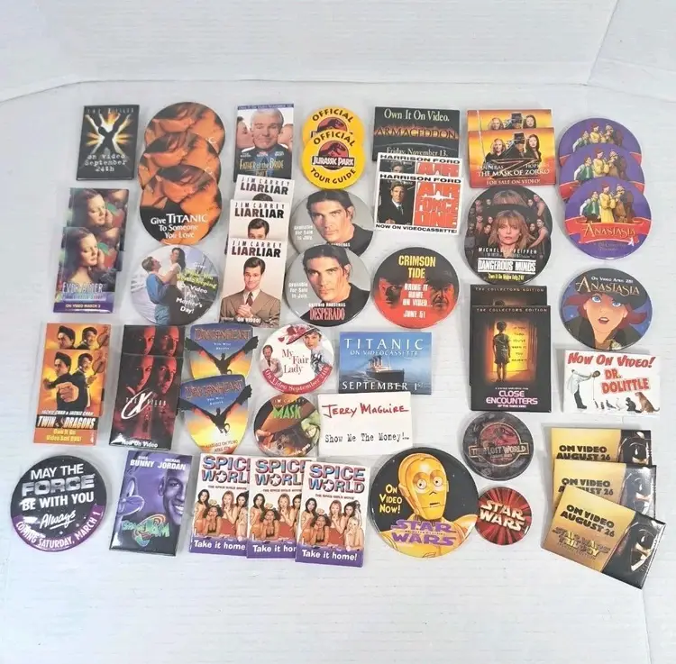 Lot of 51 90s Movie Promo Pins — Titanic, Star Wars, Jurassic Park, Spice World