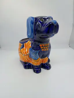 Large Talavera Mexicn Pottery Puppy Dog Planter Cobalt & Orange Floral Pattern.