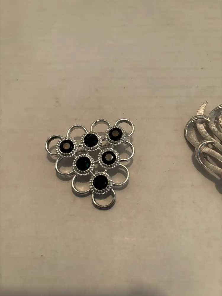Vintage Lot of 3 Silver Brooches by Trifari & Sara Coventry Circles, Leaf, Swirl