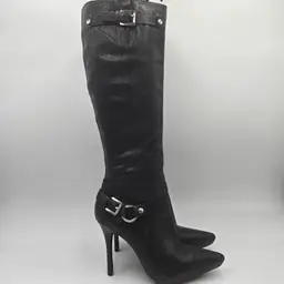 Michael Kors Cheyenne Black Leather Knee Length Heeled Boots Pointed Toe Size 9