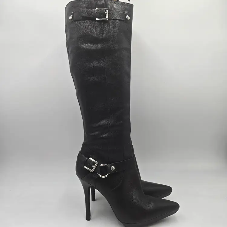 Michael Kors Cheyenne Black Leather Knee Length Heeled Boots Pointed Toe Size 9