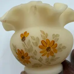 Vintage Fenton Custard Glass Hand Painted Flowers Ruffled Vase Signed